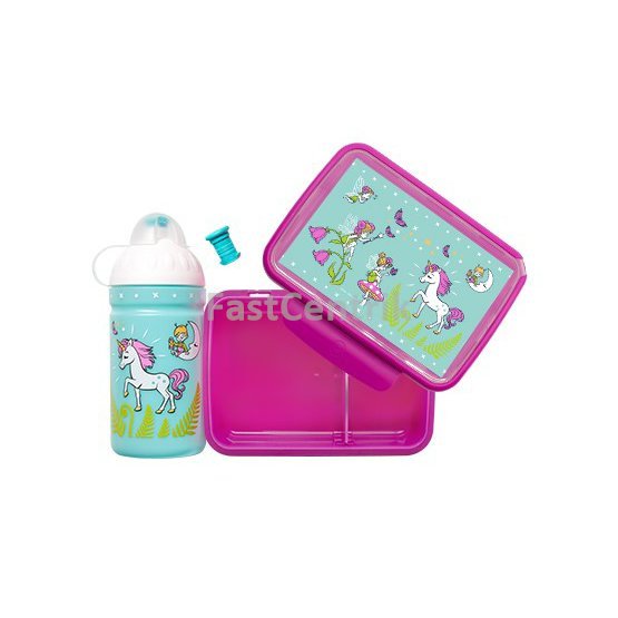 Set ZDRAVÁ LAHEV 0,5 l + ZDRAVÁ SVÁČA Jednorožec a víly - fialová 2385.jpg